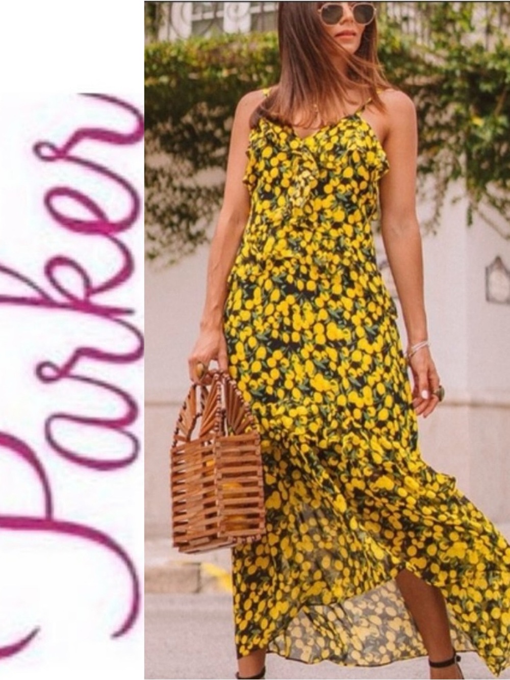 Parker Limon Lemon Chiffon Asymmetrical Ruffle Dress All Over Fruit Print